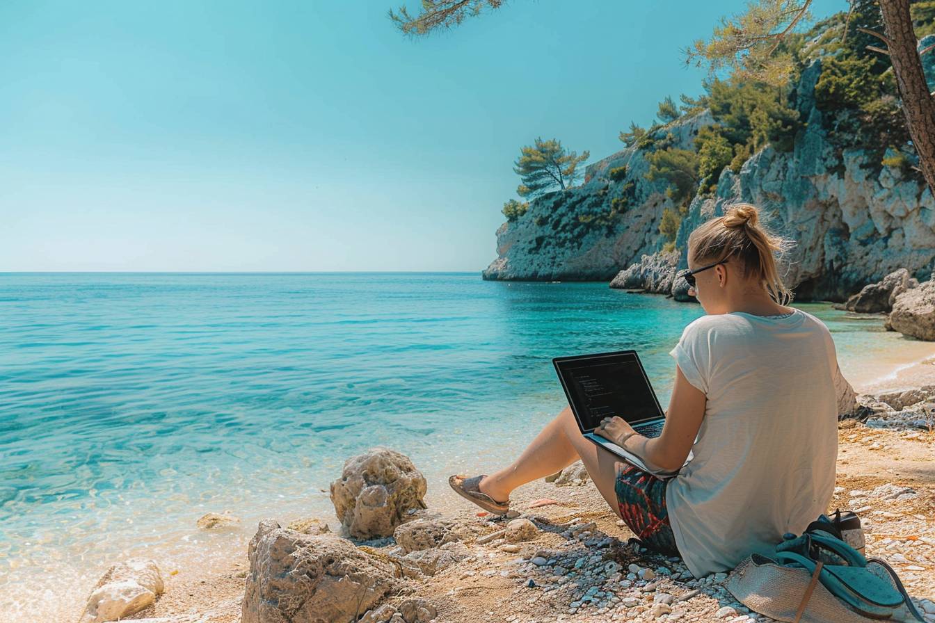 nomade digital Croatie : paysage littoral croate avec travailleur à distance sur ordinateur portable