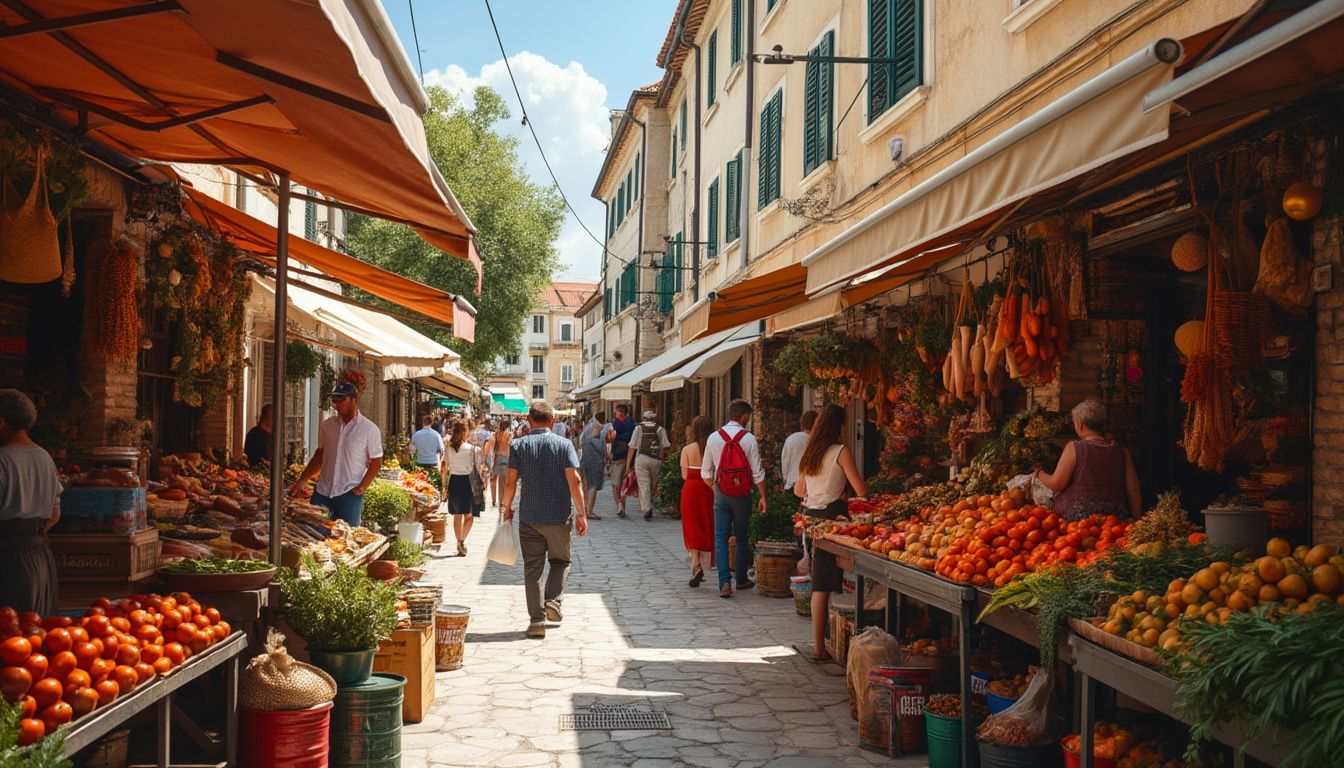 courses en Croatie : image représentant un marché local croate avec des produits frais