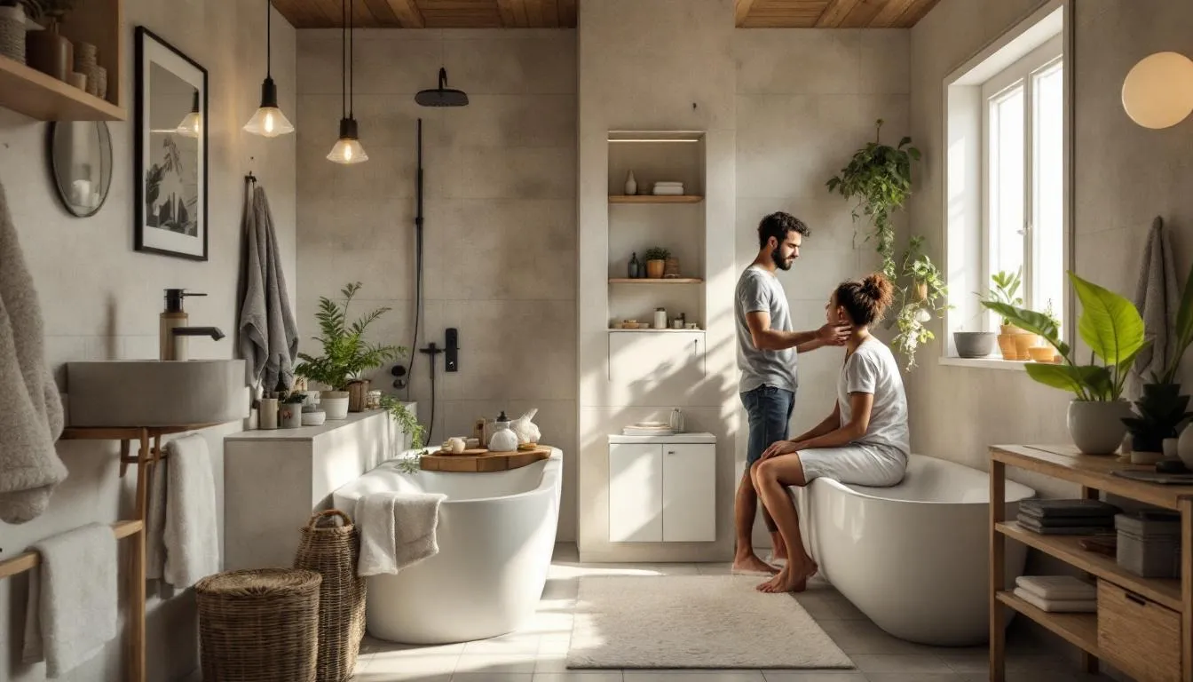 optimiser salle de bain 3m² : petite salle de bain bien organisée avec meubles suspendus et douche d'angle