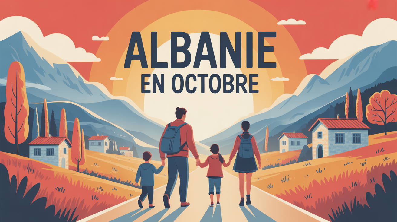 Famille en Albanie en octobre sur route automnale