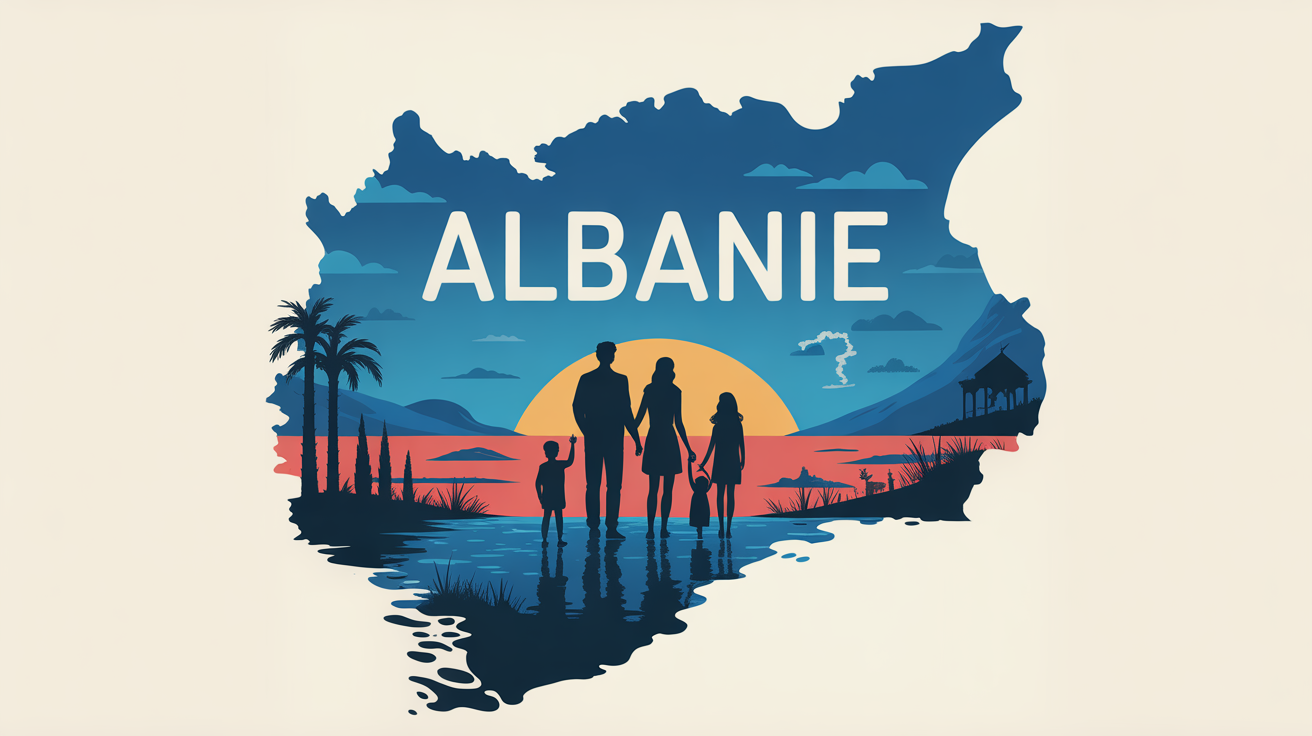 Illustration famille voyage Albanie carte mer montagne patrimoine