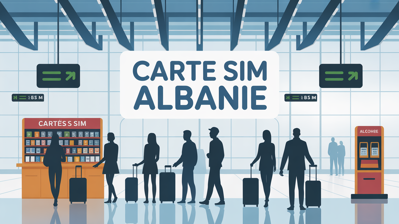 hall de l'aéroport de tirana avec guichets carte sim et voyageurs