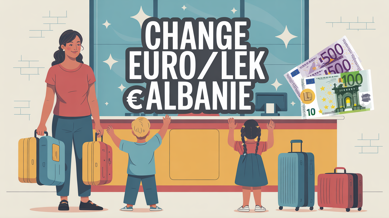 Maman enfants devant bureau change euro lek Albanie
