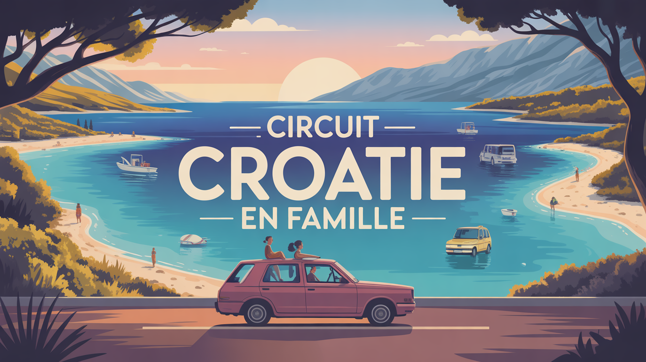 Illustration road trip Croatie en famille voiture plage lacs gastronomie