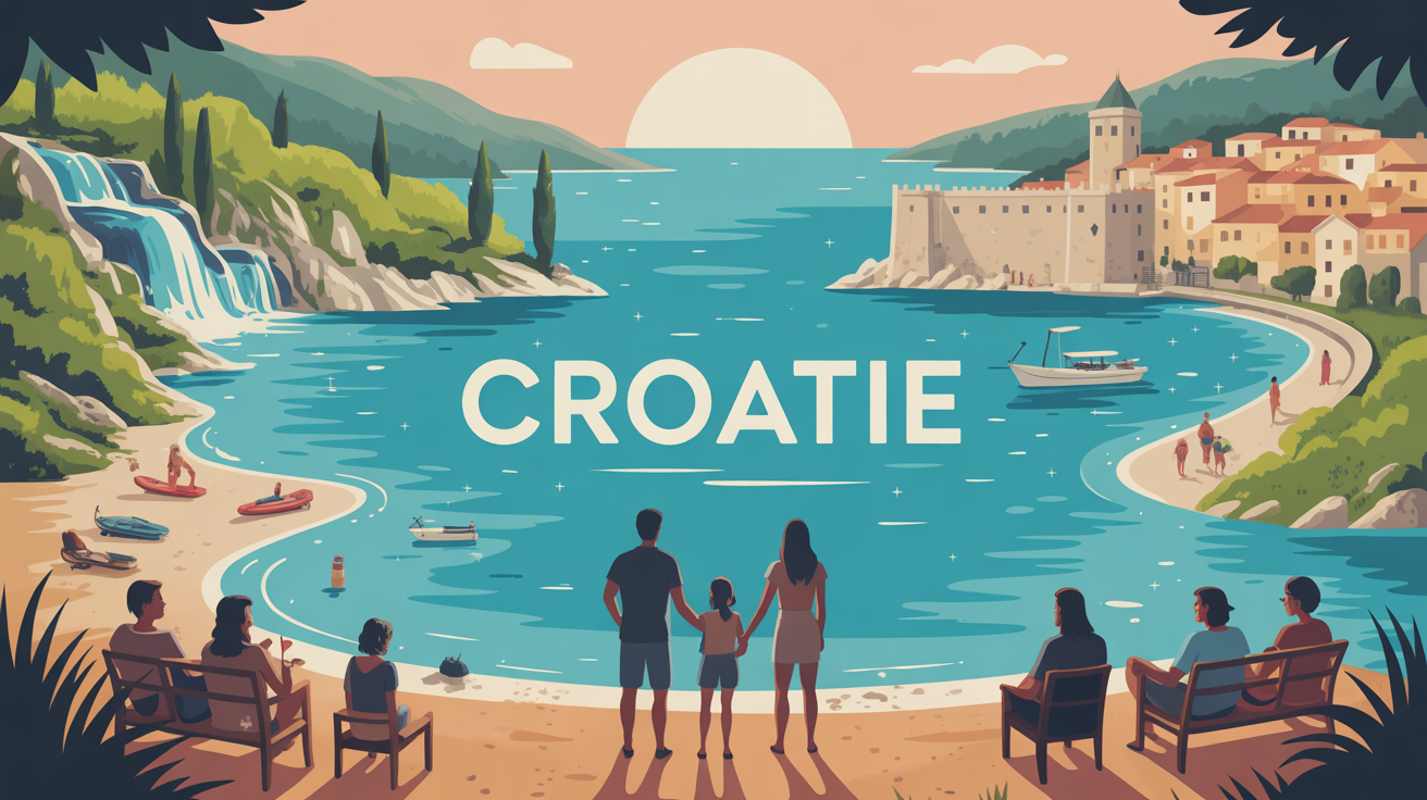 Paysage stylisé Croatie avec lacs, cascades, plages, ville fortifiée