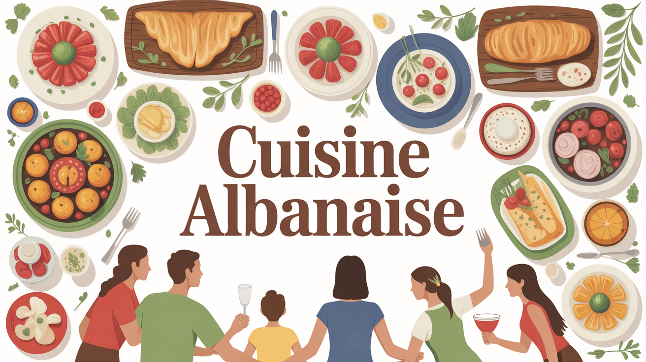 Grande table de cuisine albanaise avec spécialités, byrek, tavë kosi, famille