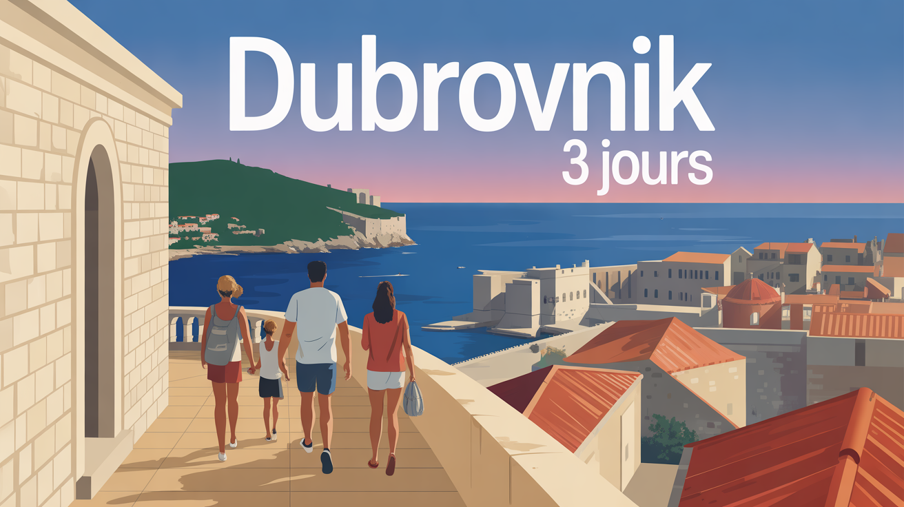 famille sur remparts de Dubrovnik vue mer toits rouges