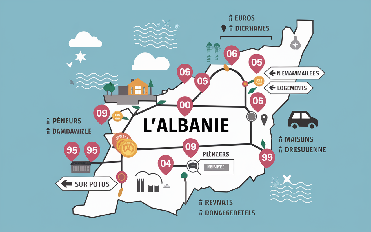 Carte stylisee itineraire road trip Albanie avec symboles budget