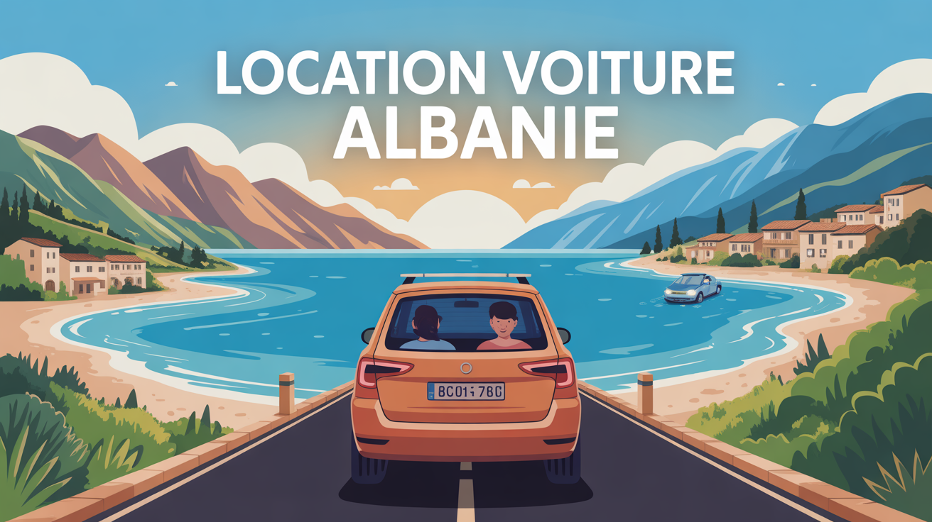 Voiture sur route Albanie entre plage et montagnes