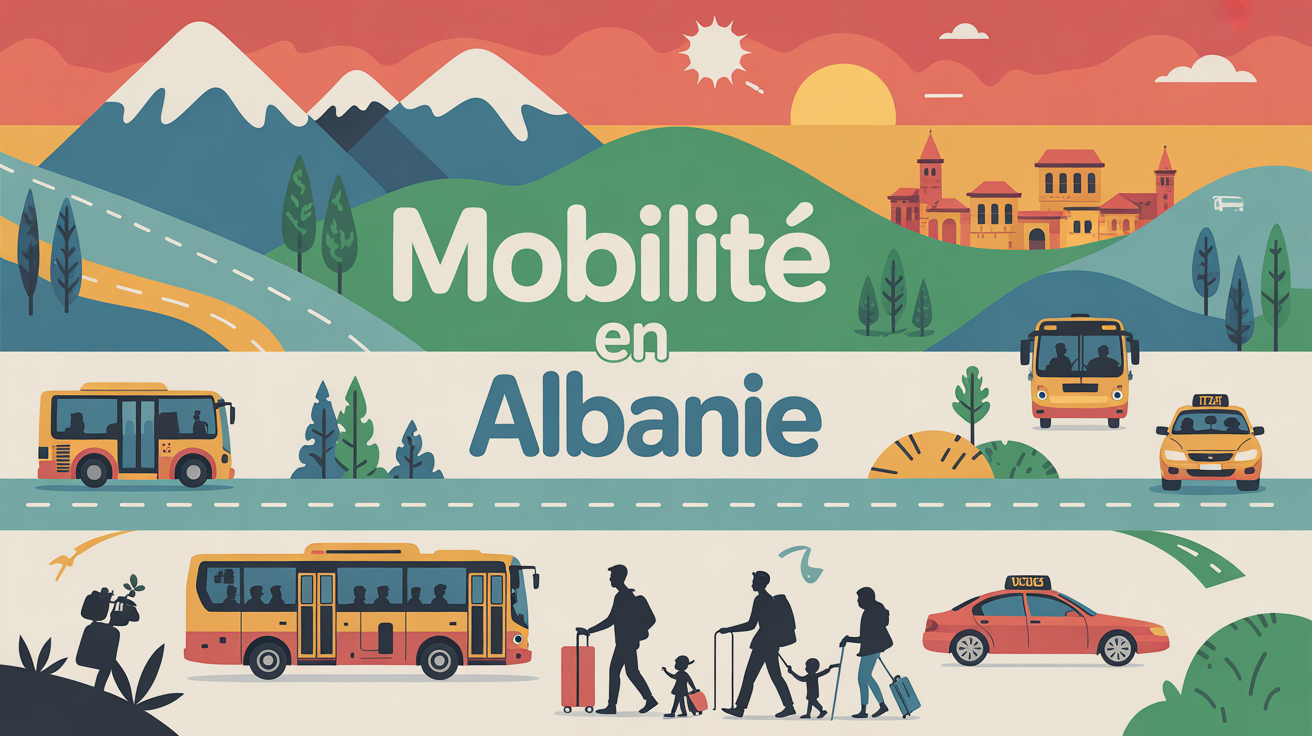 Illustration mobilité Albanie routes bus taxis voitures famille
