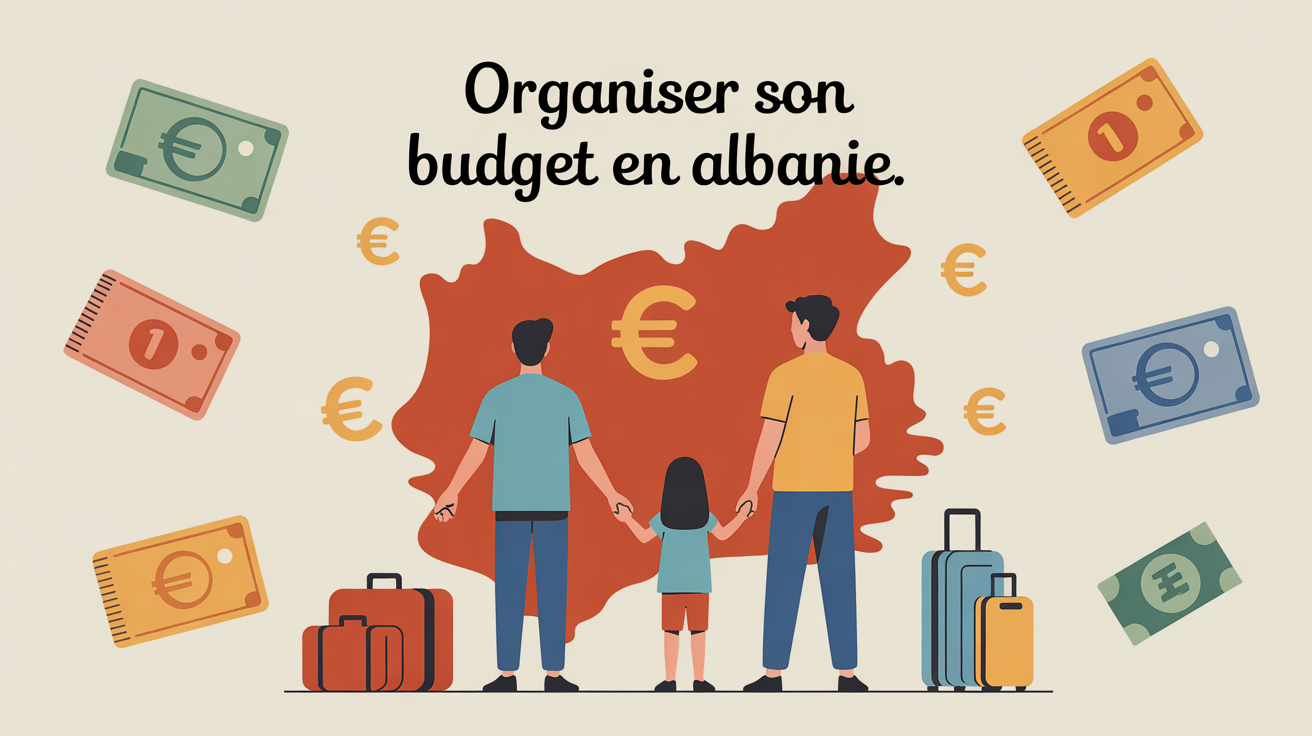 Famille devant carte Albanie avec euros et leks autour