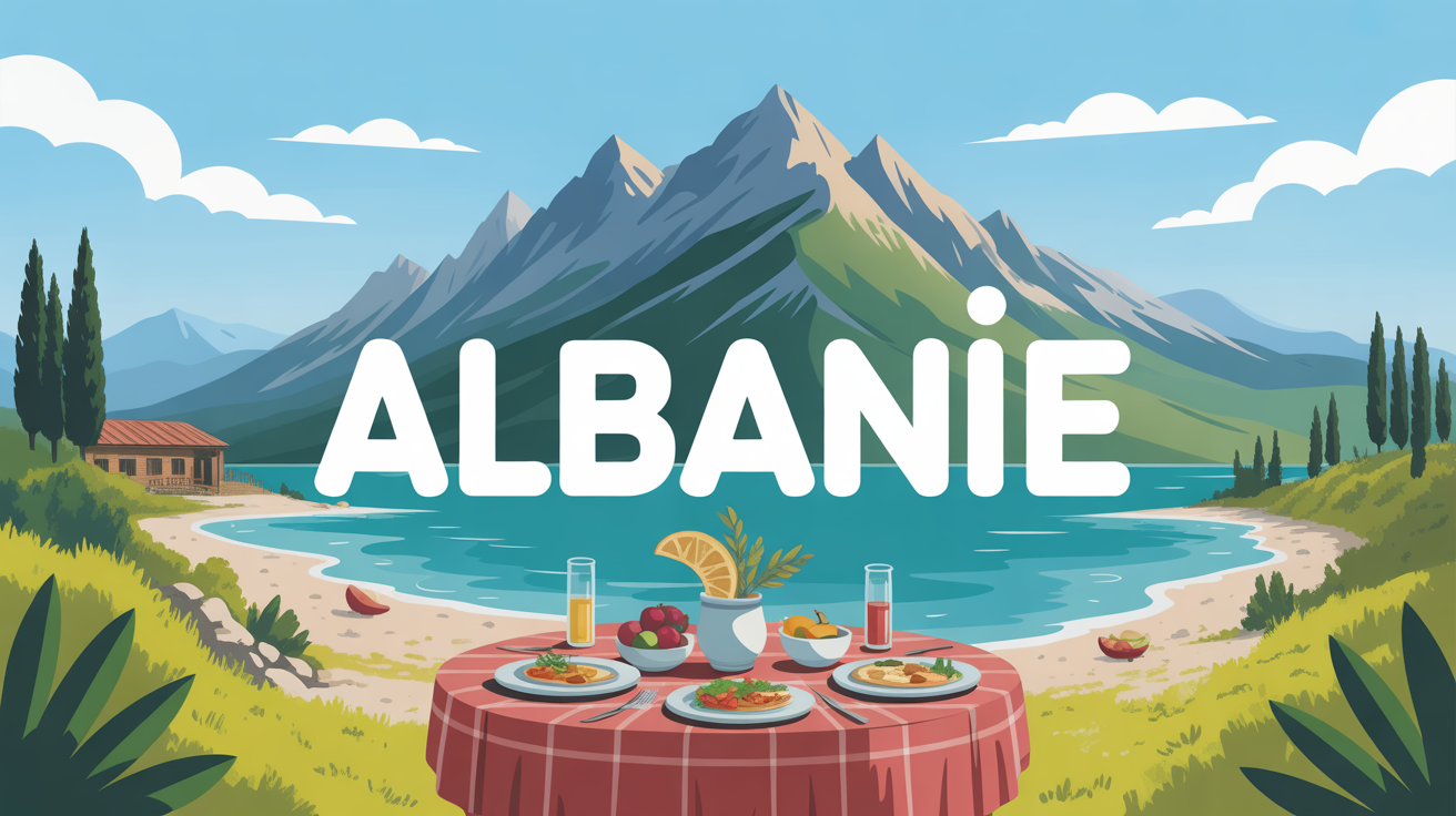Illustration paysage typique Albanie avec famille et gastronomie
