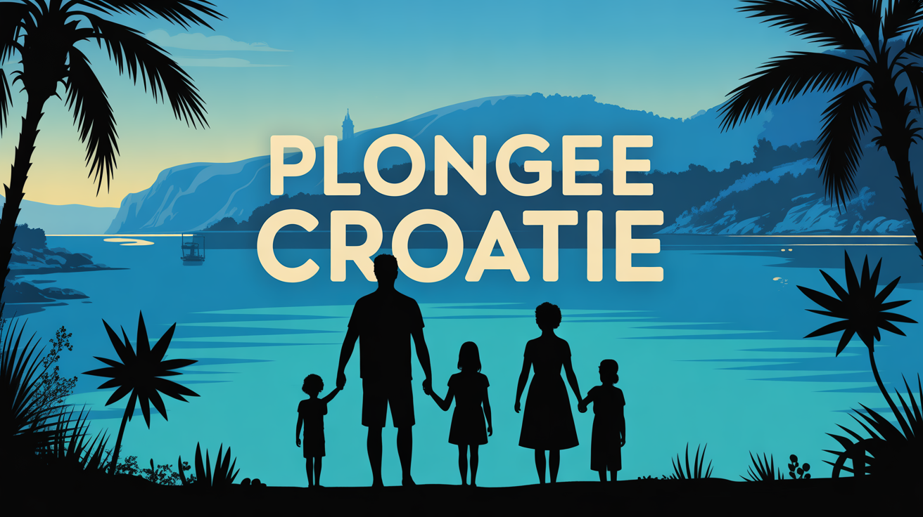 Famille plongee Croatie devant mer turquoise et paysages insulaires