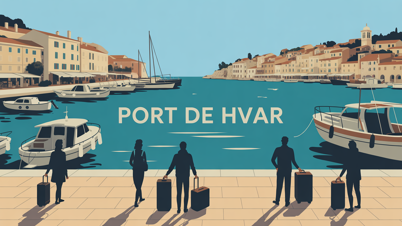 Illustration port de Hvar quai anime et vieille ville