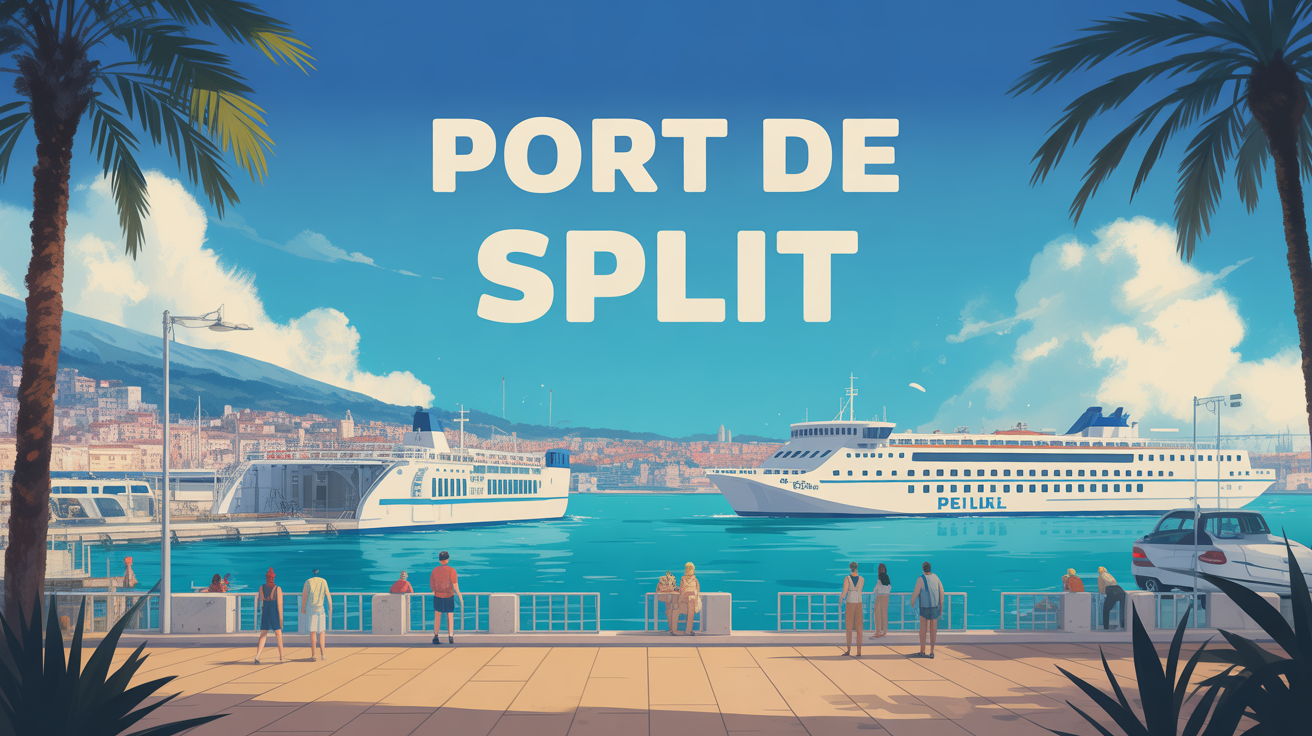 Illustration du port de Split animé avec ferries et voyageurs