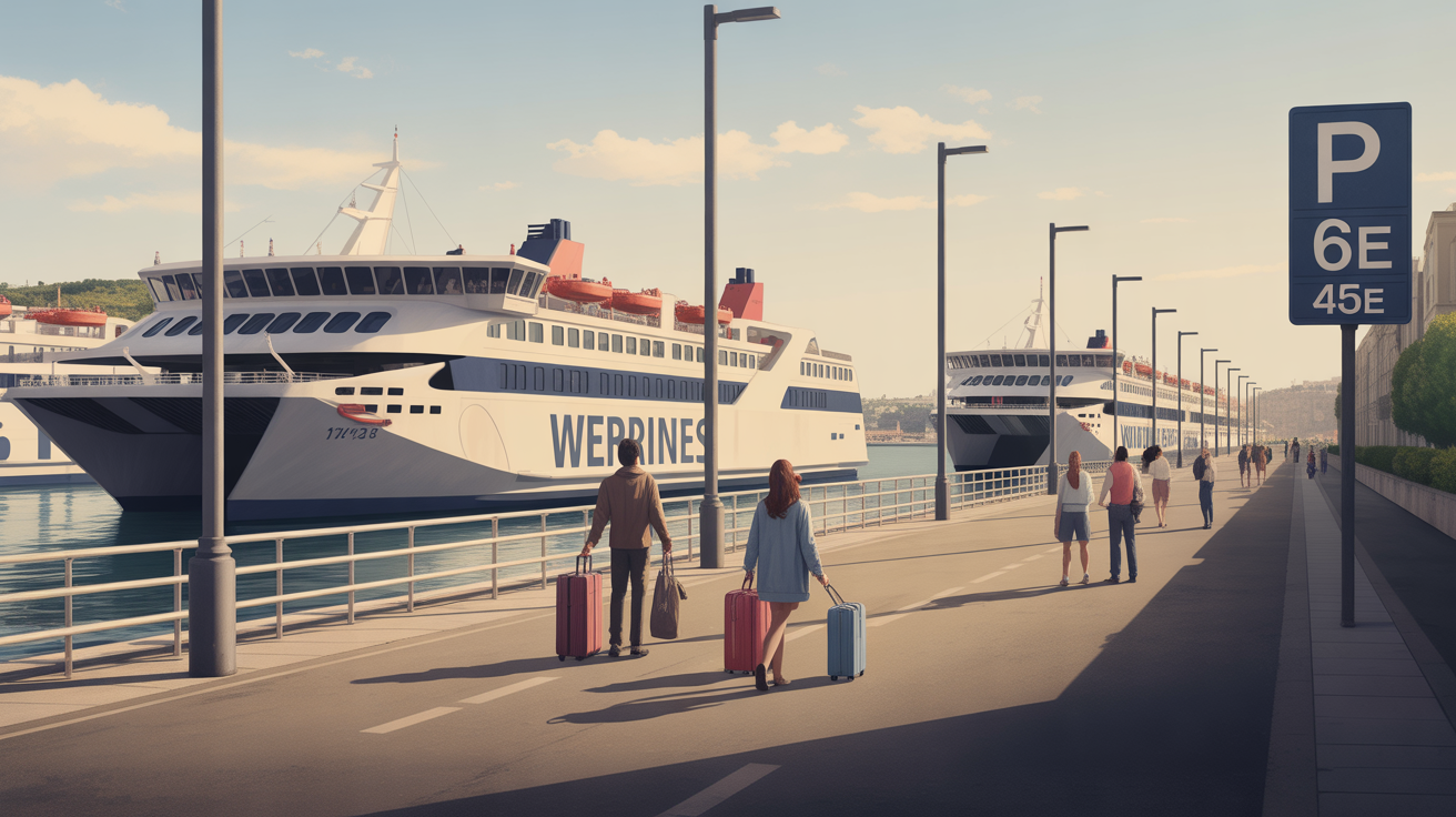 Vue stylisée du port de Split avec ferries, tarifs et parkings