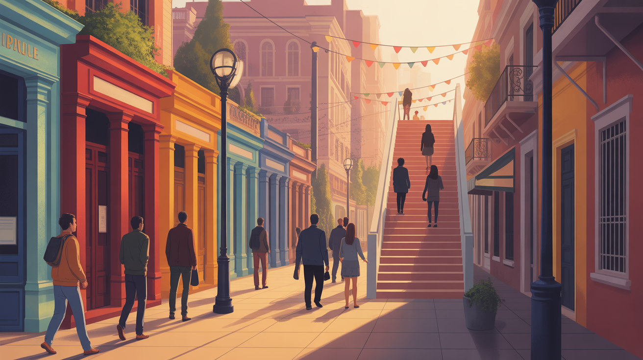 Avenue animée monuments Rijeka escalier digue coucher soleil