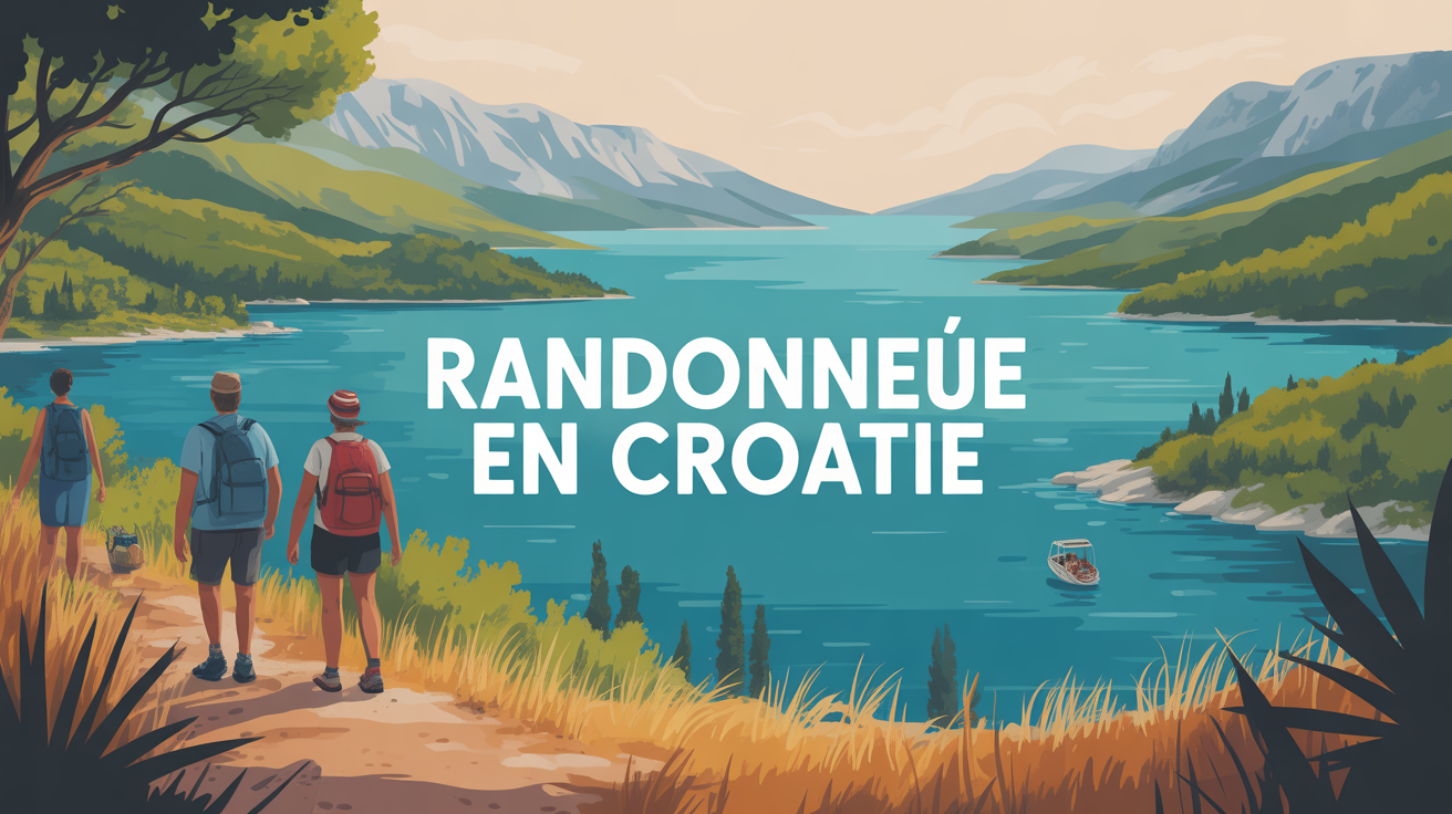 Illustration paysage Croatie randonnée, lacs, montagnes, mer, îles