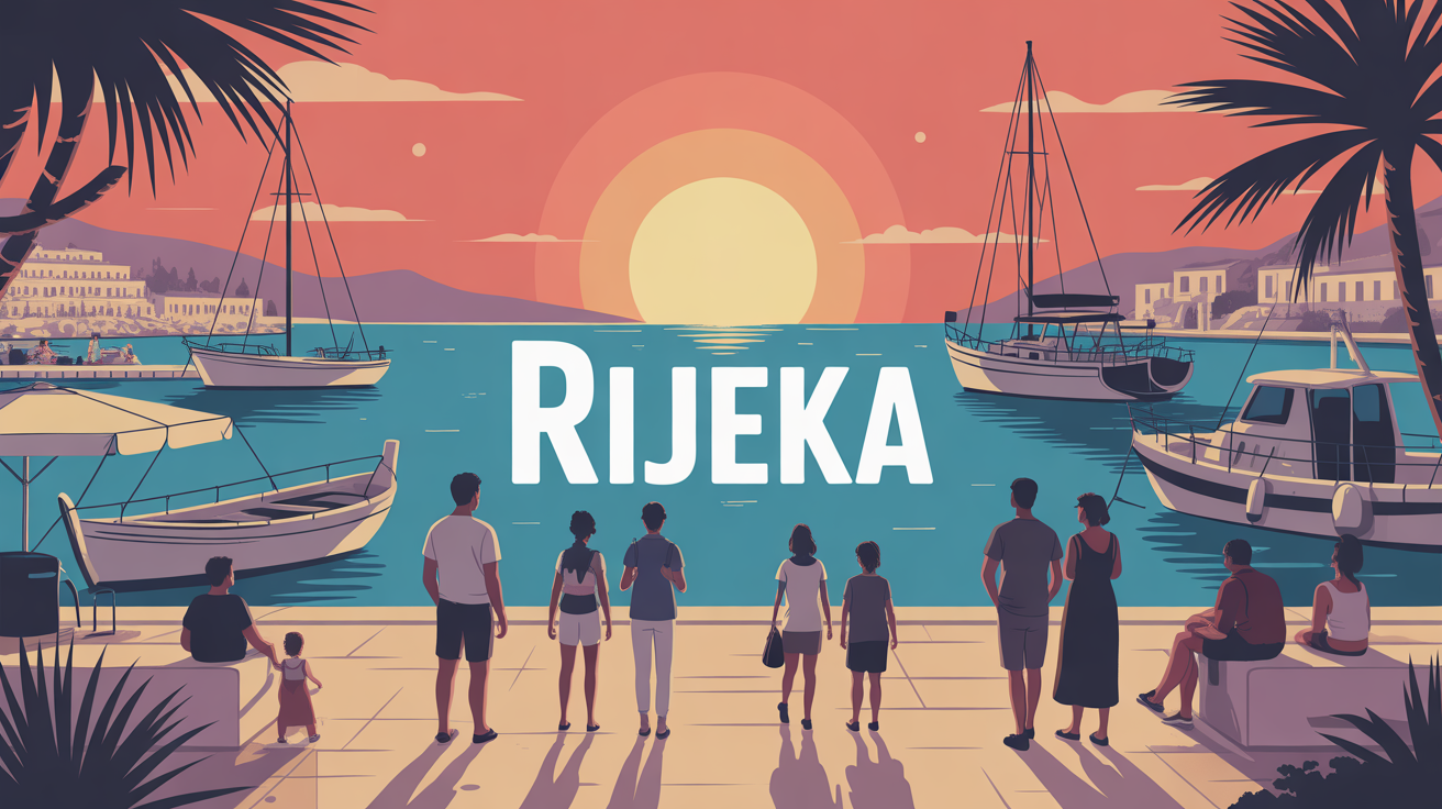 Vue port de Rijeka animé au coucher du soleil