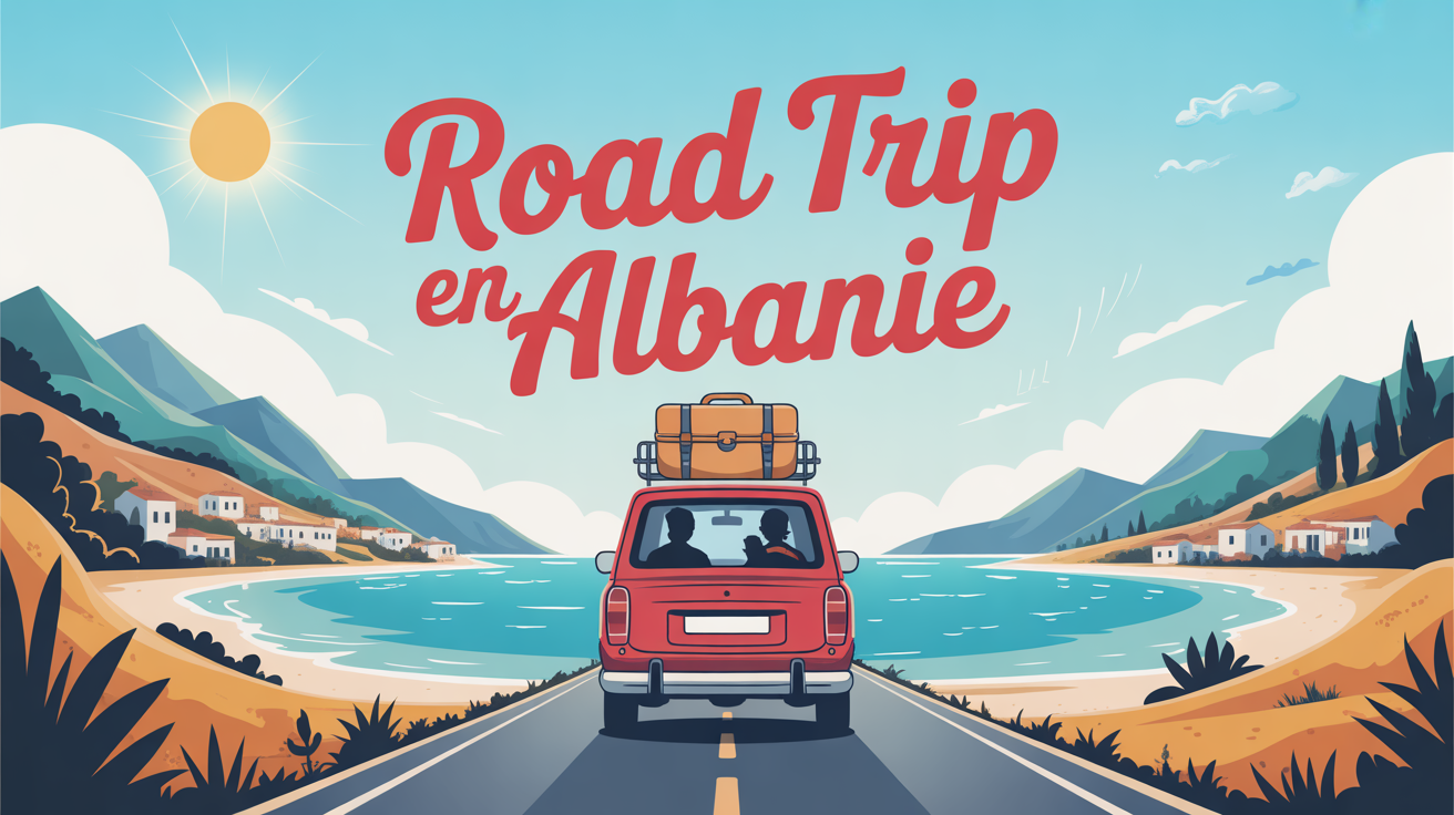 illustration road trip en albanie en famille plage montagne
