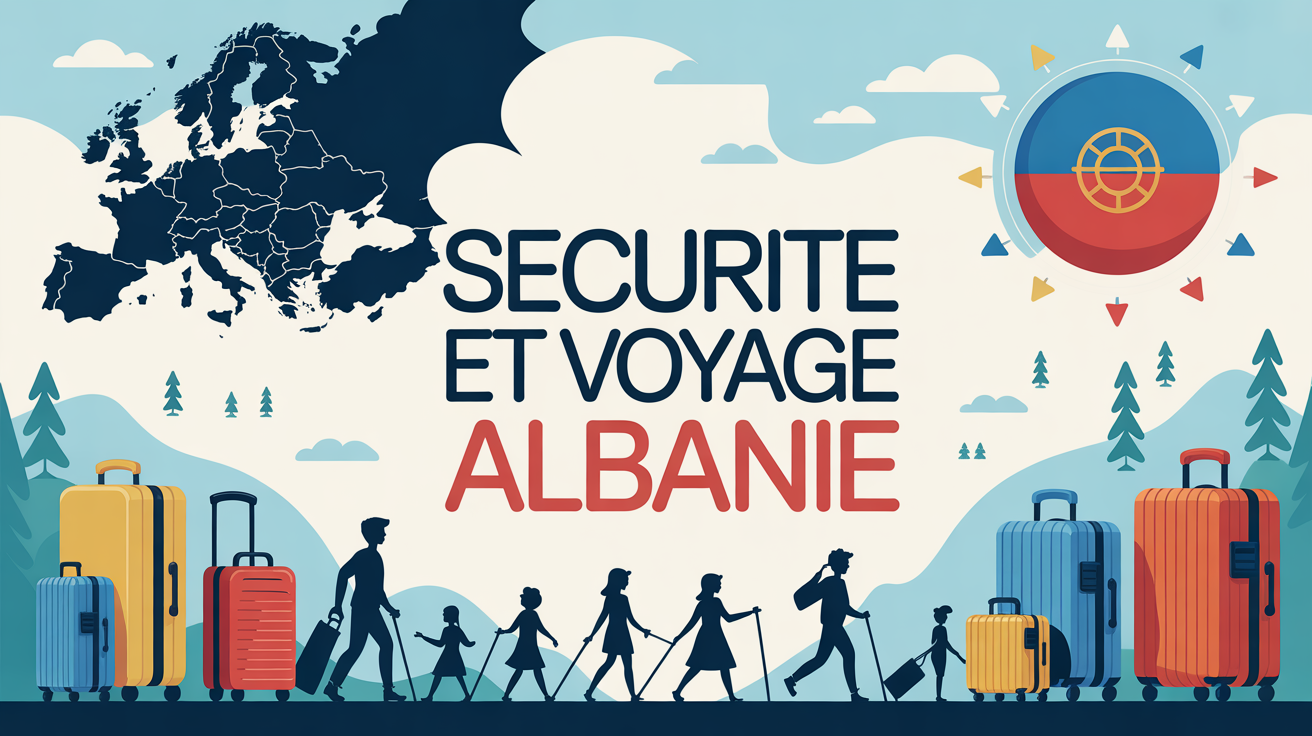 Illustration sécurité voyage Albanie carte Europe valises familles