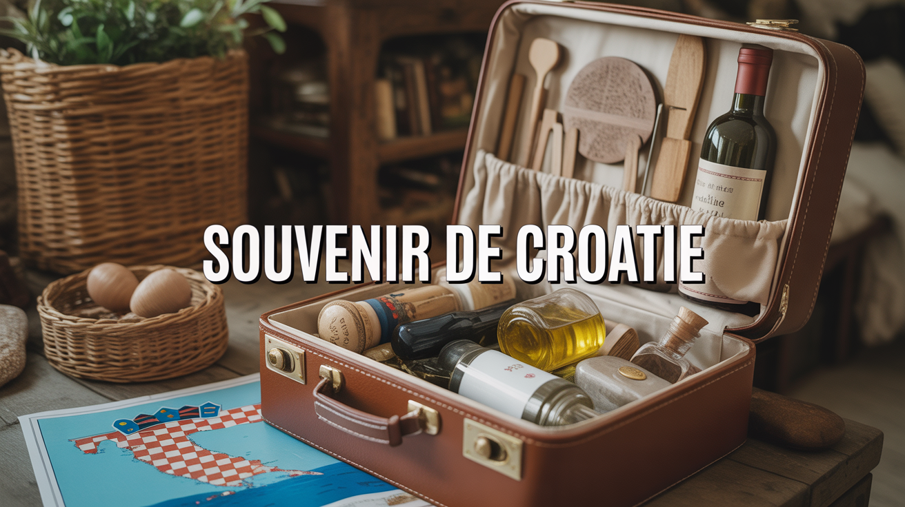 Valise de souvenirs Croatie bouteille huile dentelle lavande bois vin
