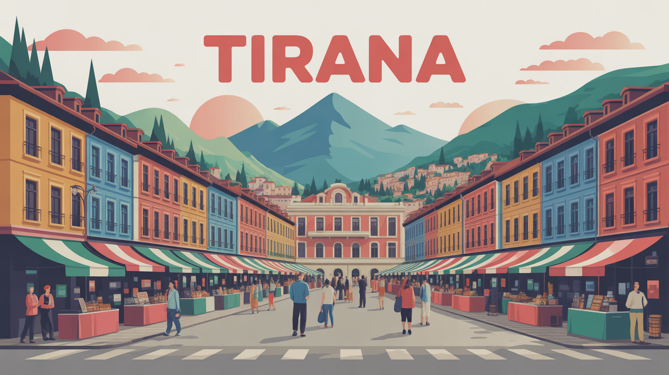 Visiter Tirana en une journée illustration stylisee buildings marche montagne