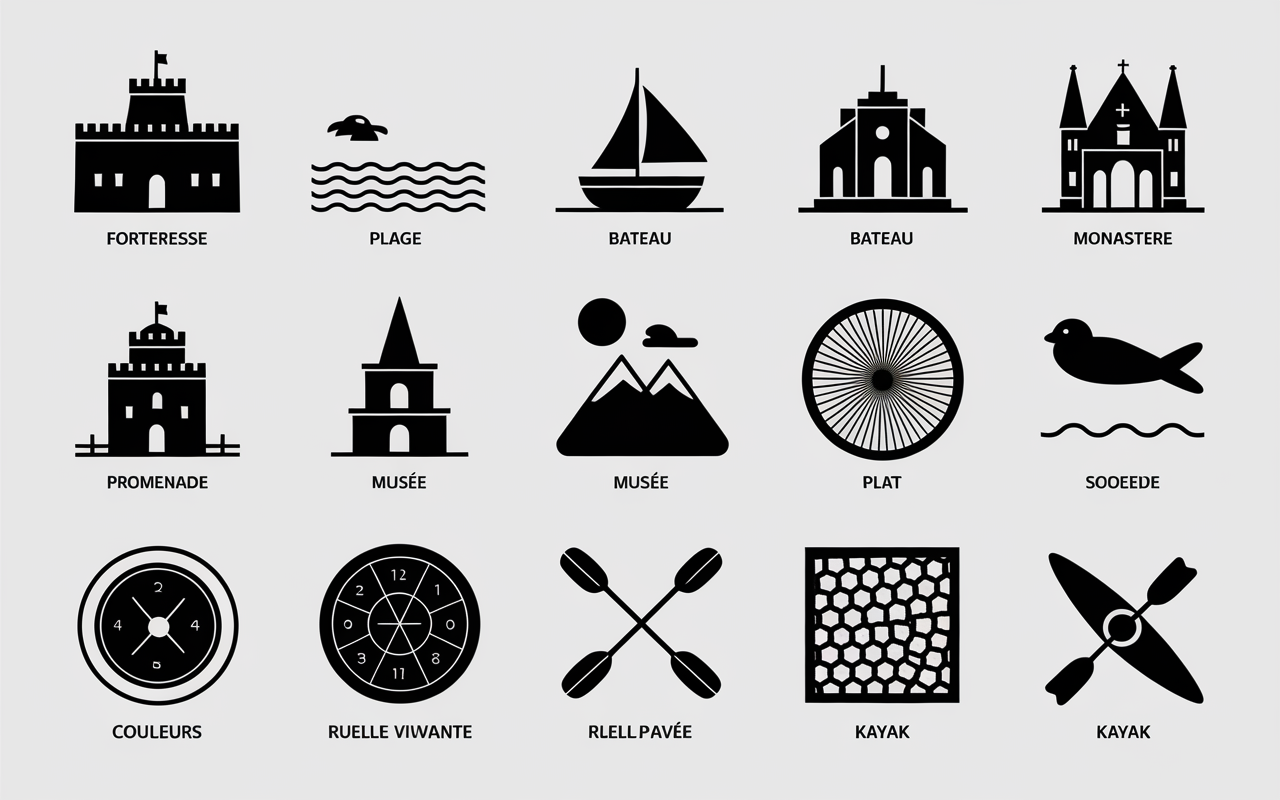 Pictogrammes top 10 activités Vlore Albanie forteresse plage kayak