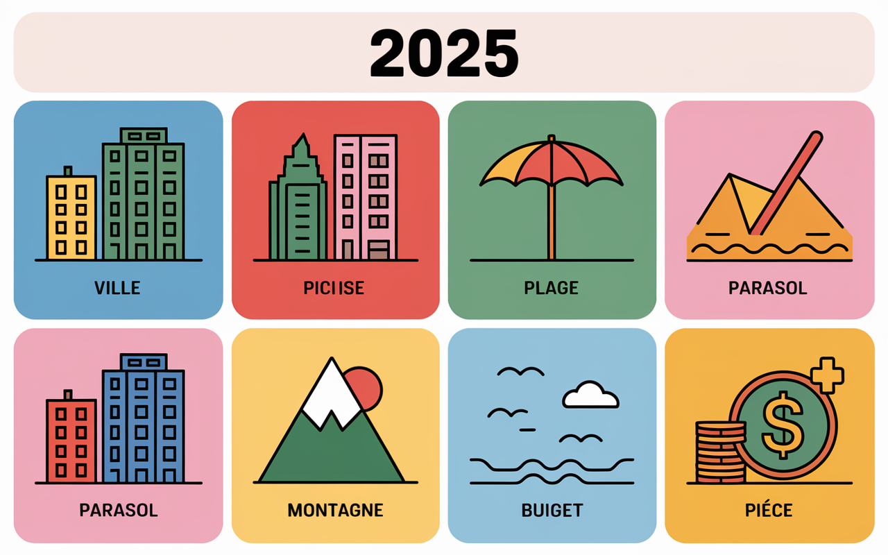 Tableau dessine top 8 villes Albanie 2025 avec icones budget plage montagne