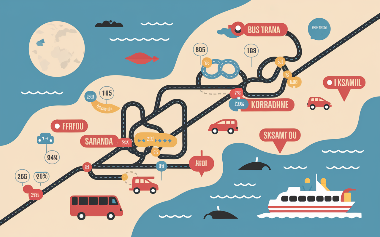 Trajet vers Ksamil carte bus taxi ferry prix