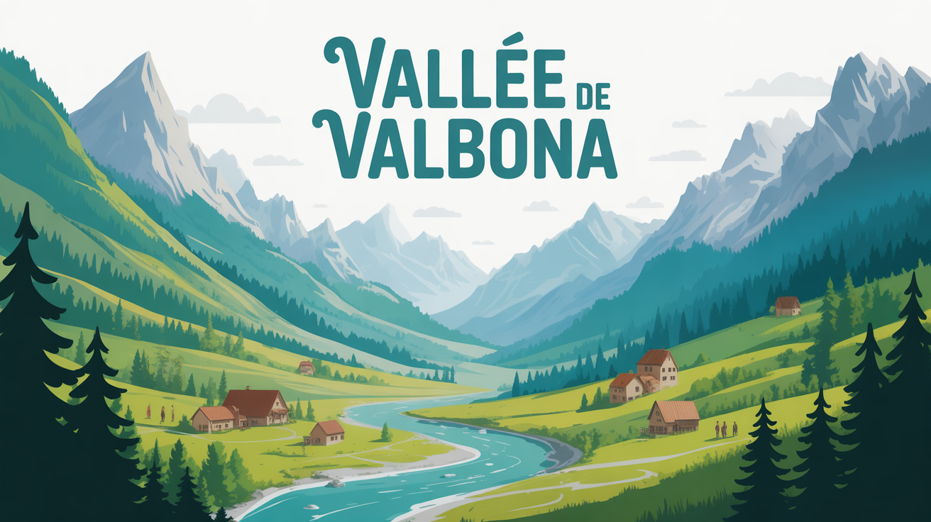 Illustration vallee de Valbona montagnes riviere villages sentiers
