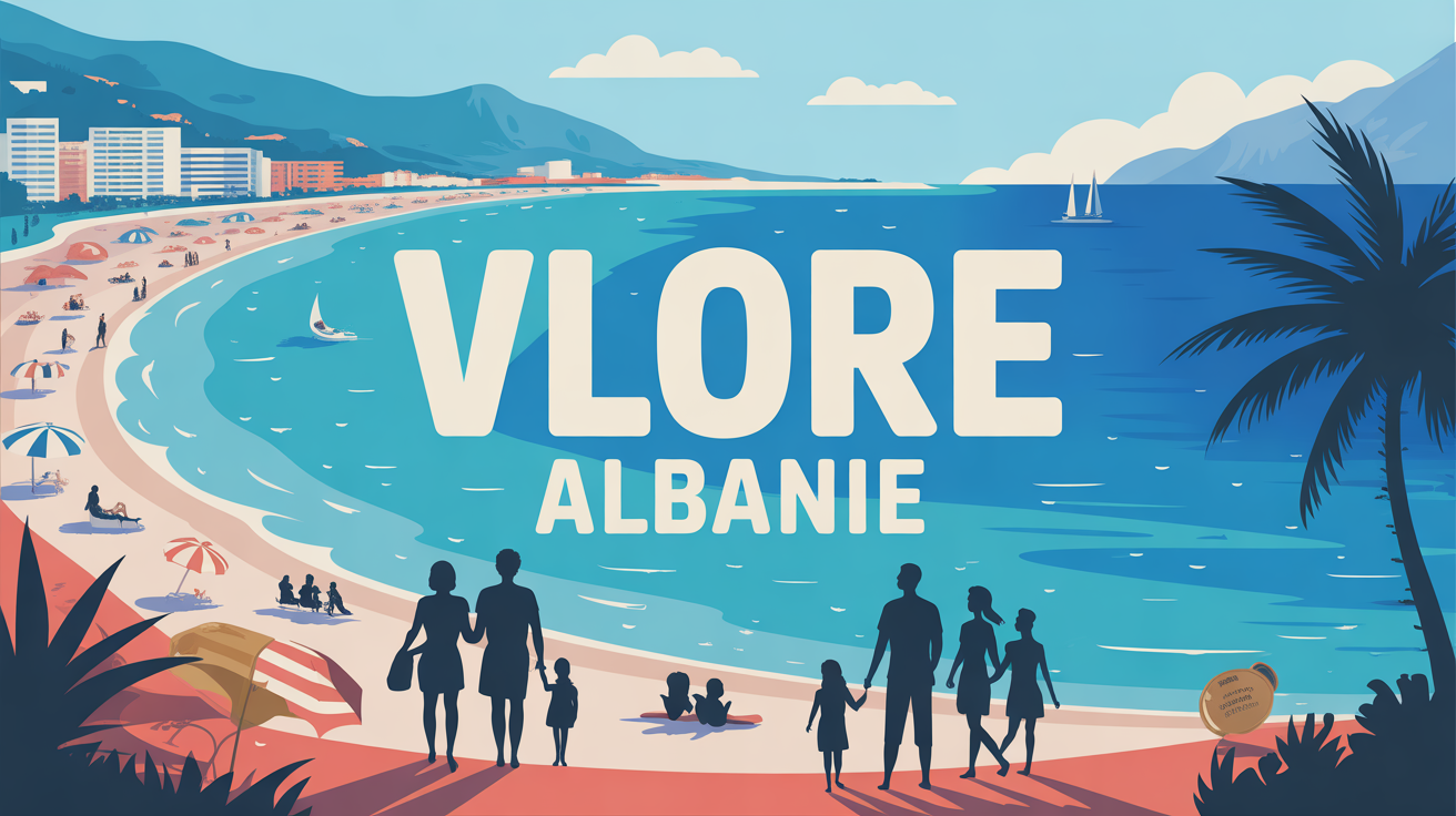 Illustration baie de Vlore Albanie front de mer plages familles promenade