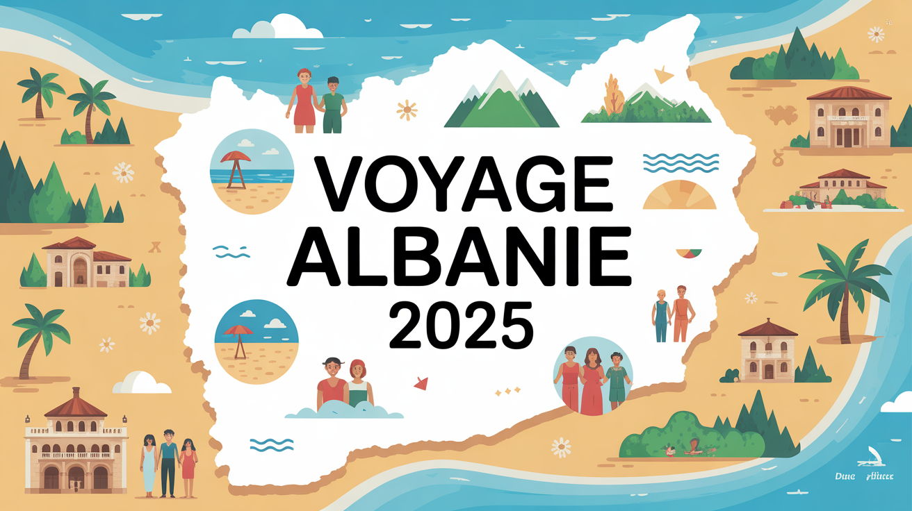 Carte stylisee Albanie avec icones plages montagnes villes famille