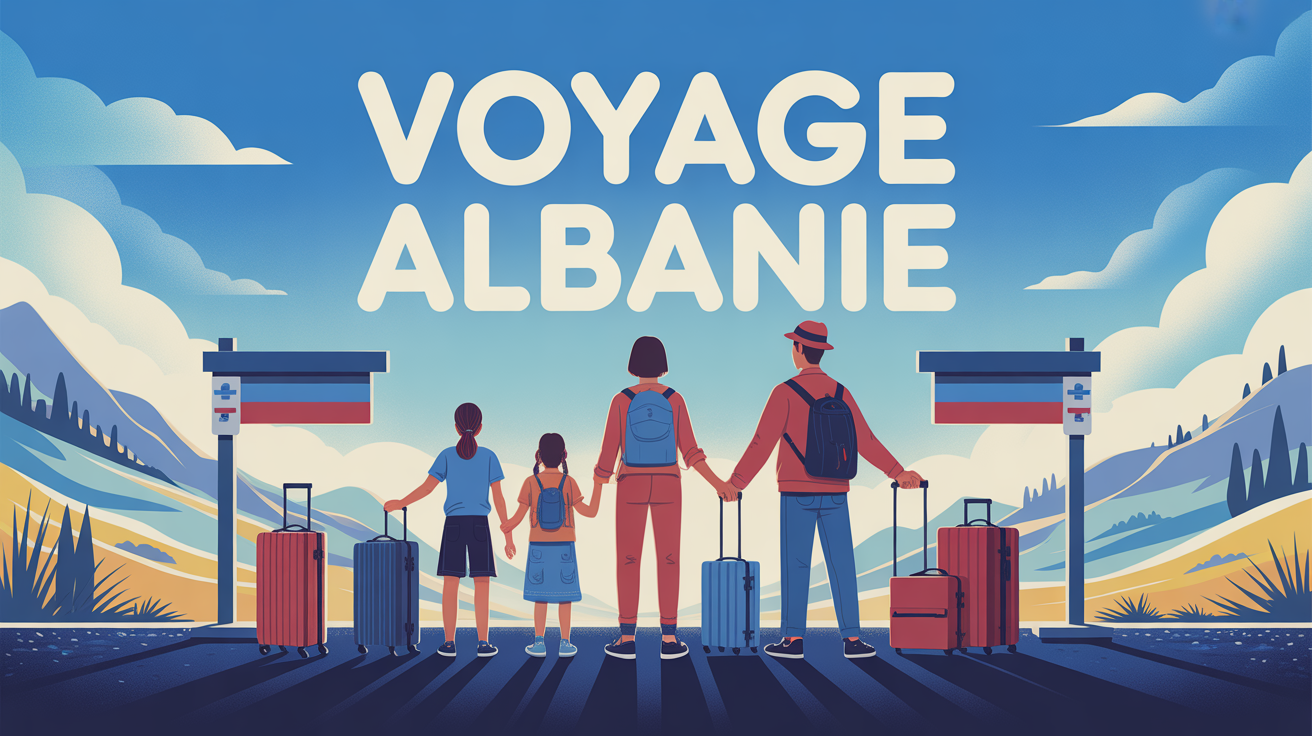 Famille avec valises et papiers devant poste frontière Albanie