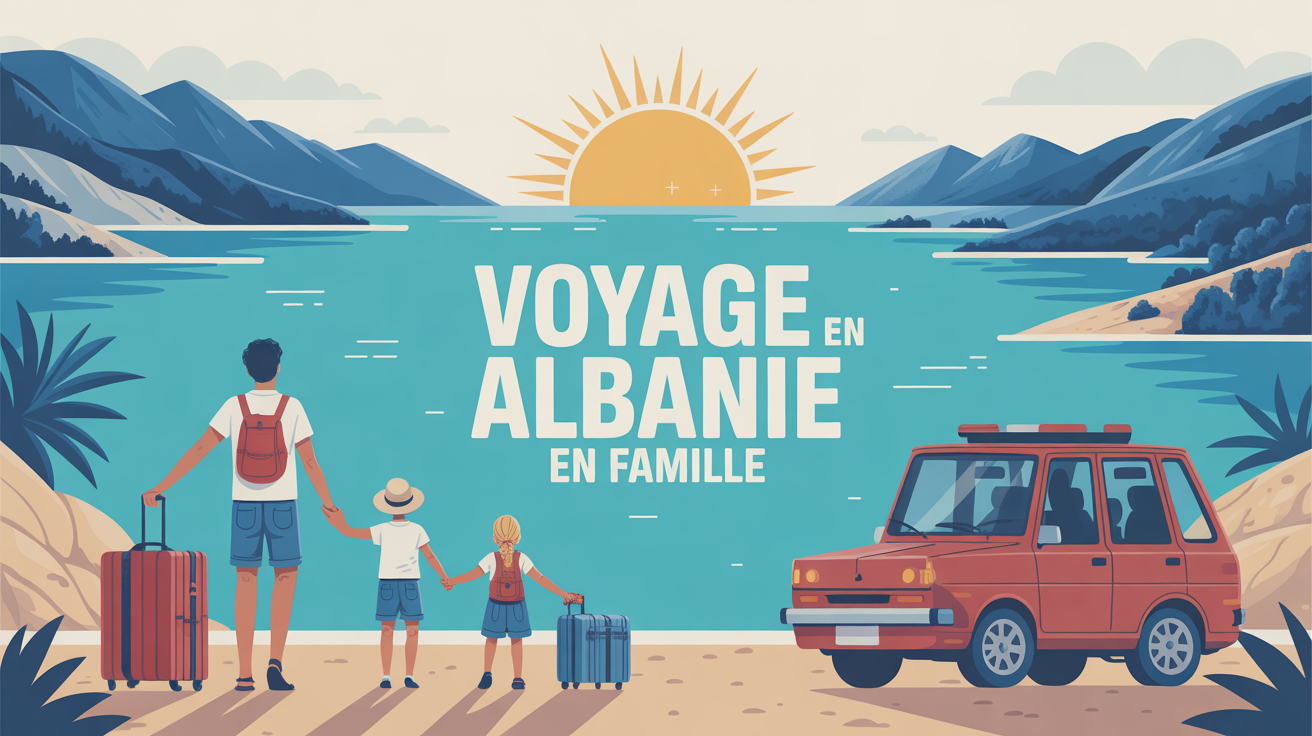 Famille en Albanie valises voiture montagnes mer soleil