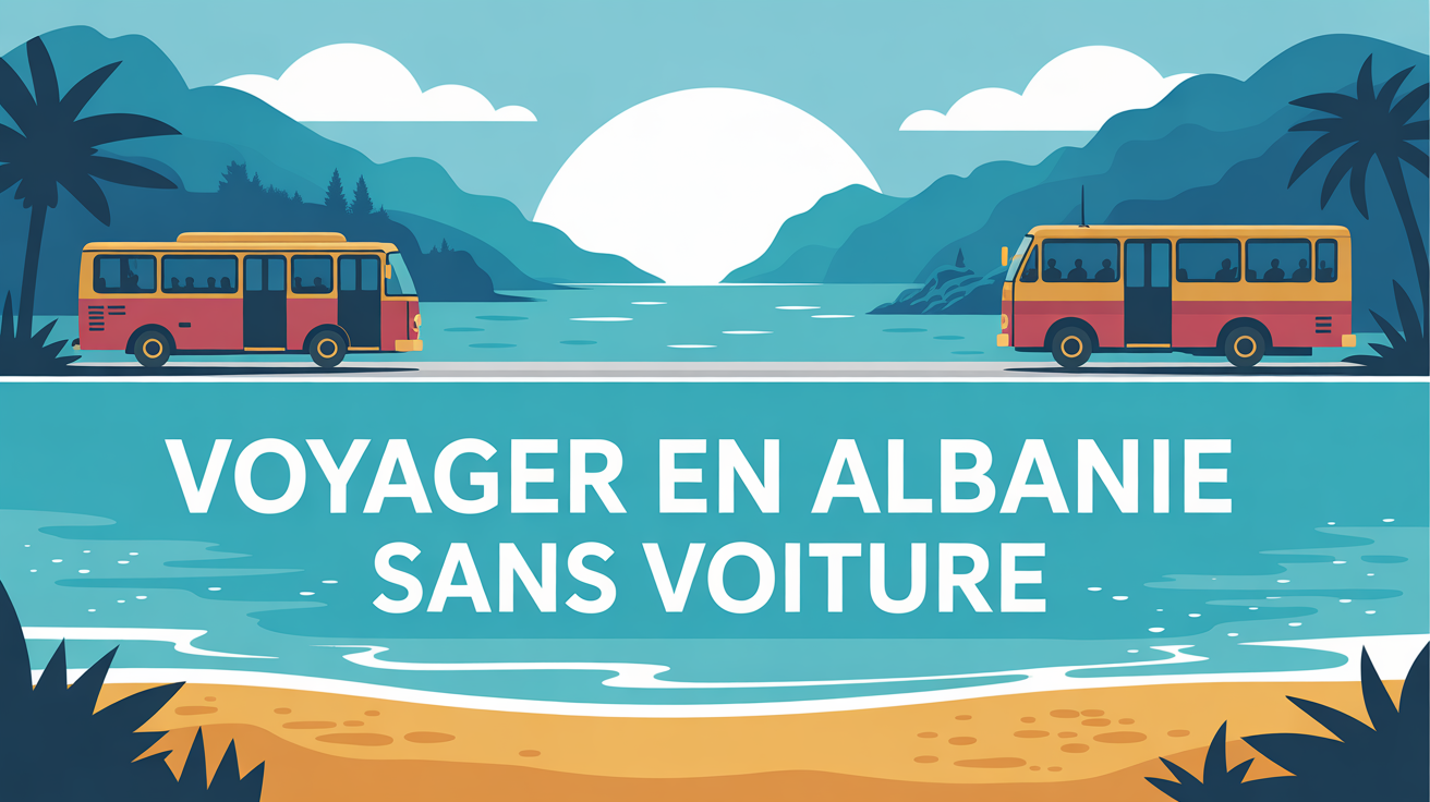 carte stylisee bus montagne plage Albanie sans voiture