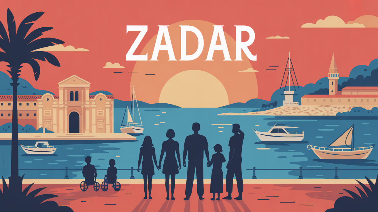 Zadar Croatie silhouettes famille promenade coucher soleil