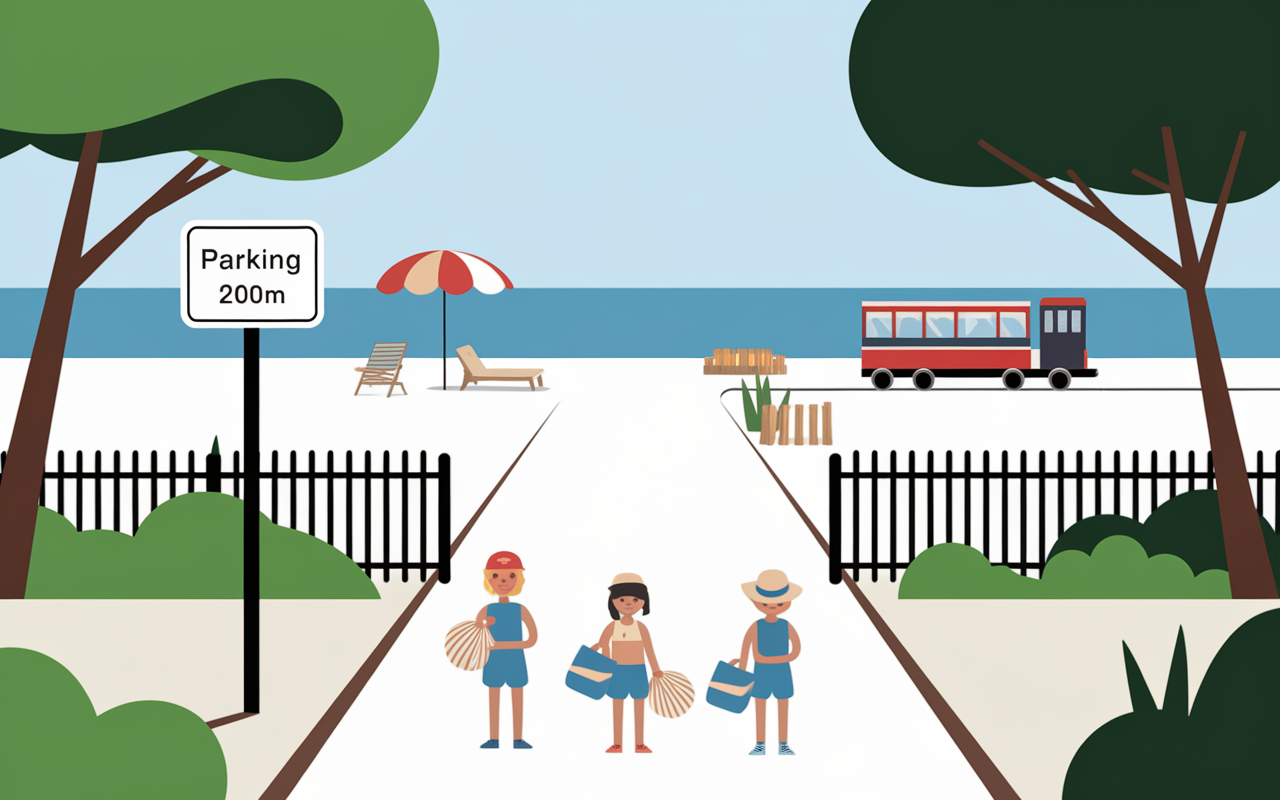 Accès plage de Bodri parking facile train familles