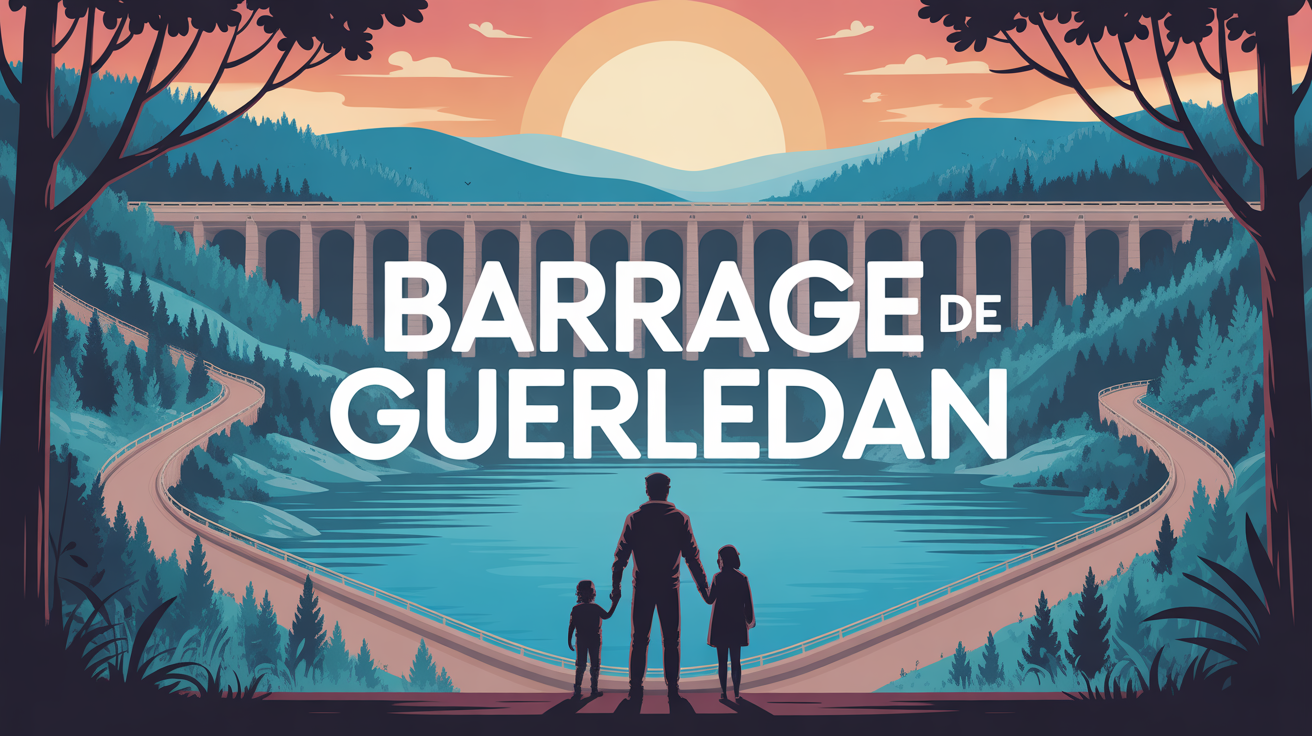 Illustration du barrage de Guerledan et lac, famille en visite