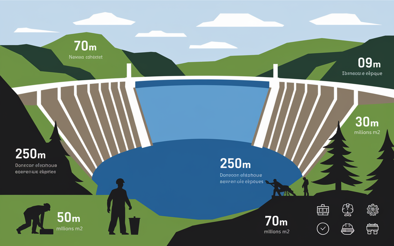 Barrage de Saint Guerin 250m, 70m hauteur, 13 millions m3, infographies montagne