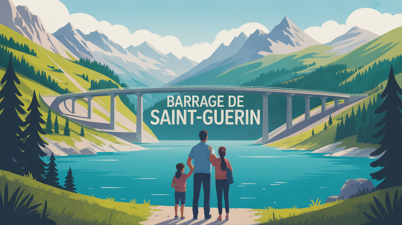 Paysage alpin avec le barrage de Saint Guerin, lac turquoise, famille, sentier