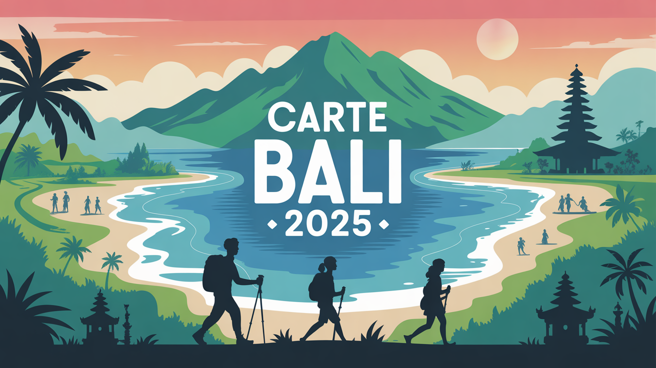 Illustration carte Bali 2025 famille randonnee plages temples