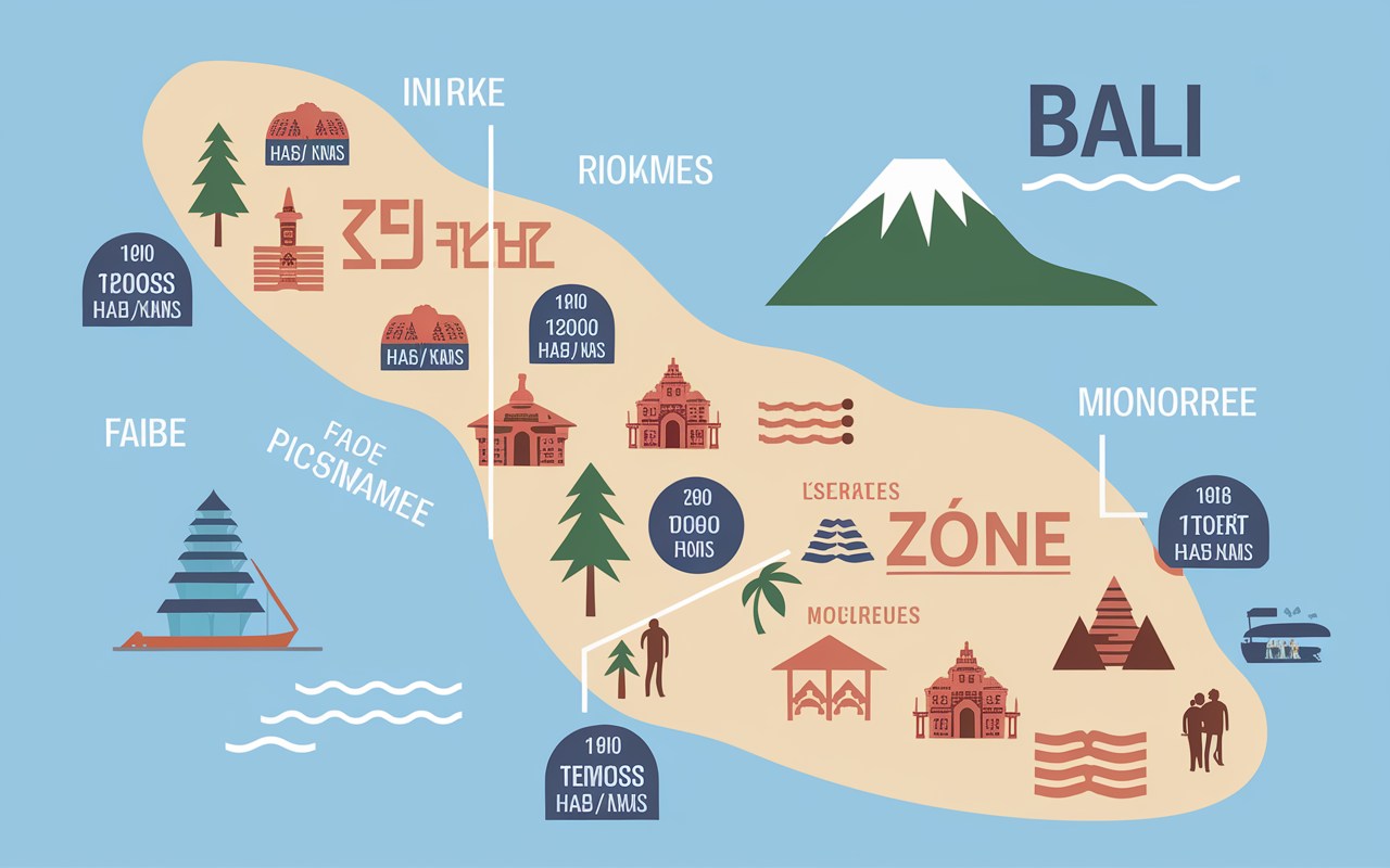 Carte Bali 2025 zones touristiques pictogrammes surfrequentation