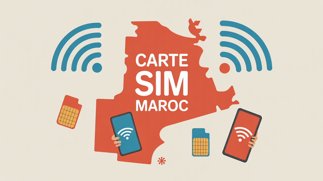 Illustration carte SIM Maroc, WiFi, smartphone, ambiance voyage