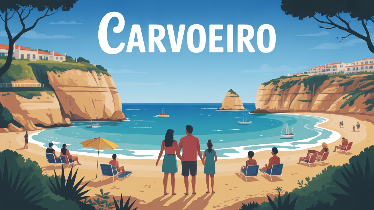 Village balnéaire Carvoeiro vue sur plage et falaises dorées en famille