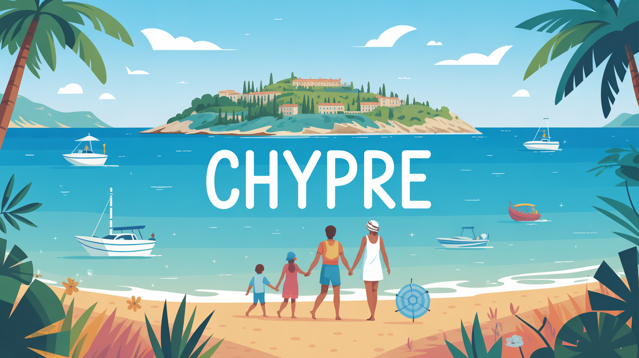Famille sur plage de Chypre, ambiance sécurisée, mer turquoise