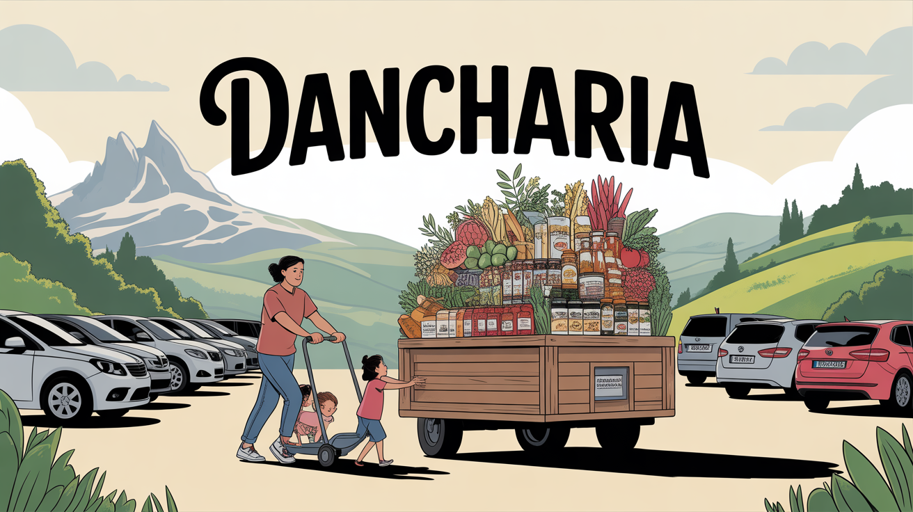 Famille poussant caddie devant montagnes basques à Dancharia
