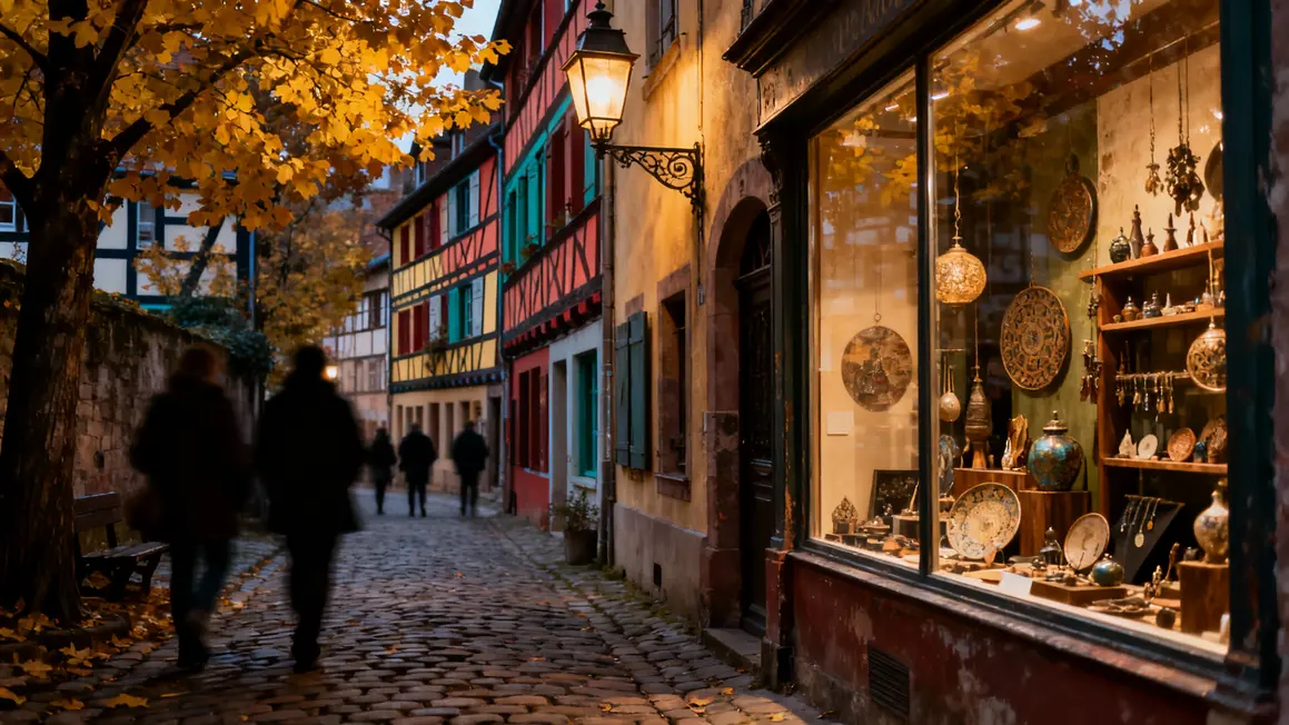 Dinan automne ruelle pavee lanternes artisan
