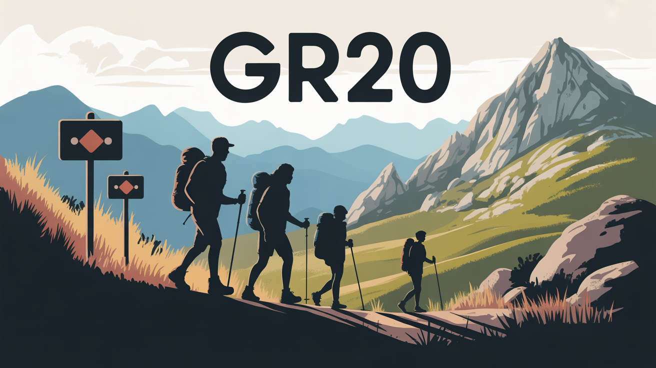 Illustration sentier GR20 Corse avec randonneurs et montagnes