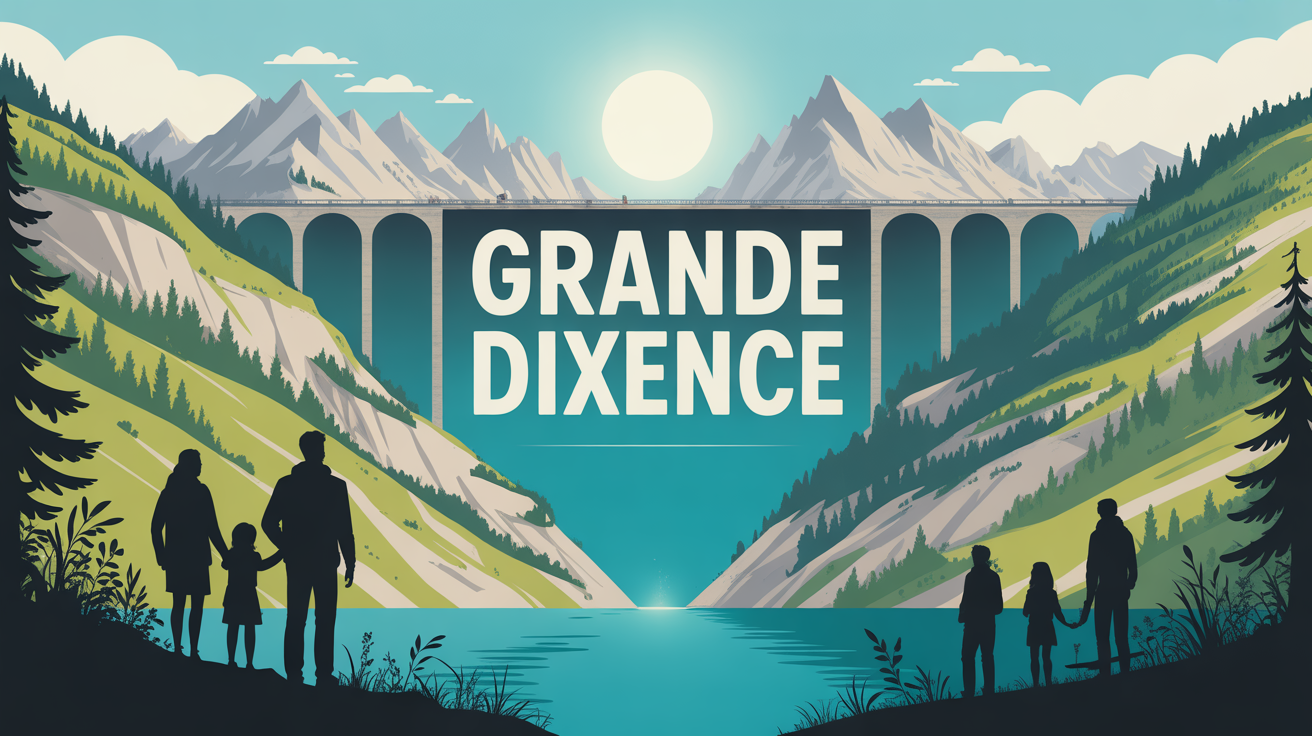 Grande Dixence, famille devant barrage alpin et lac